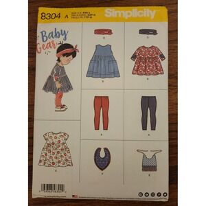 Simplicity 8304 Baby Gear Sewing Pattern Dress Leggings Top Bib Headband XXS-L